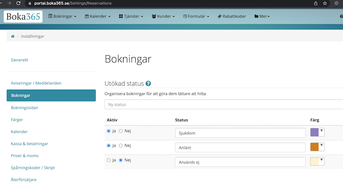 Utökad bokningsstatus i inställningar